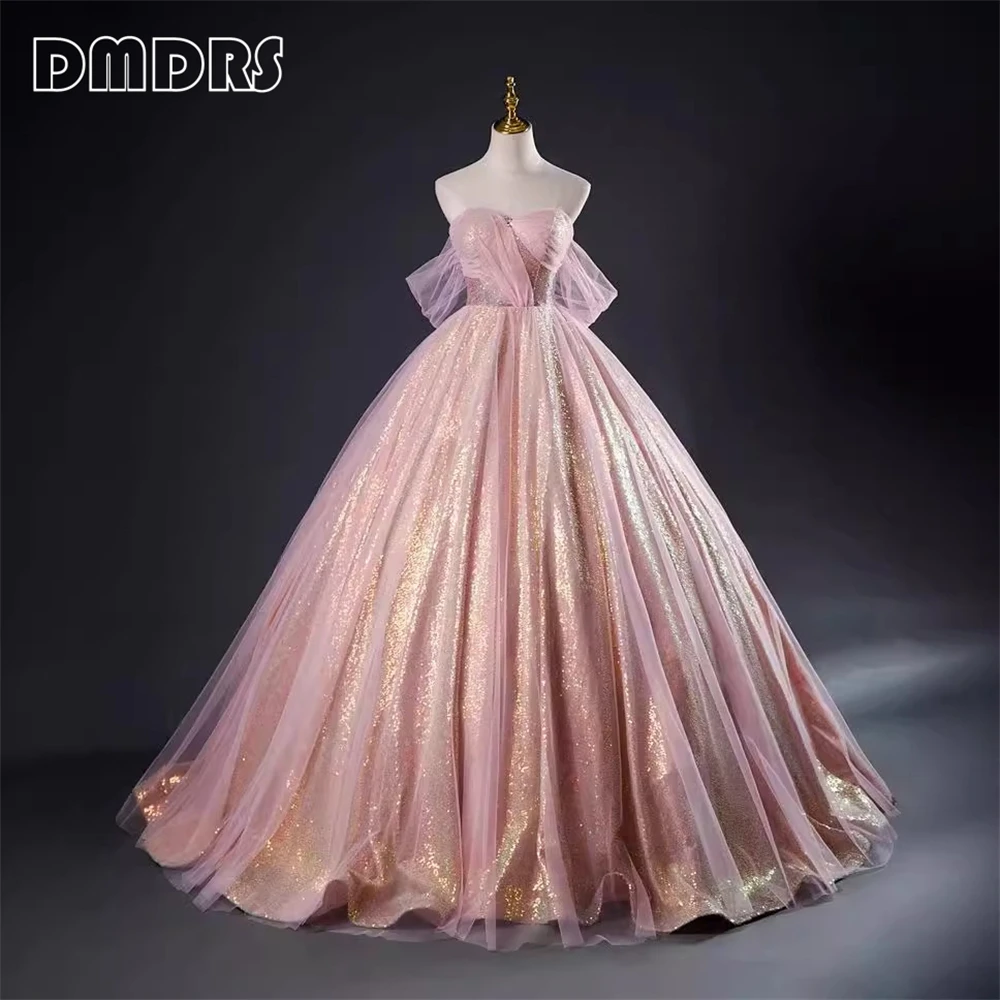 Pink Sequins Ball Gown Prom Dress with Tulle Off Shoulder Formal Dresses for Women Lace-up Back Sweet 15 16 Dresses Sparkle Gown