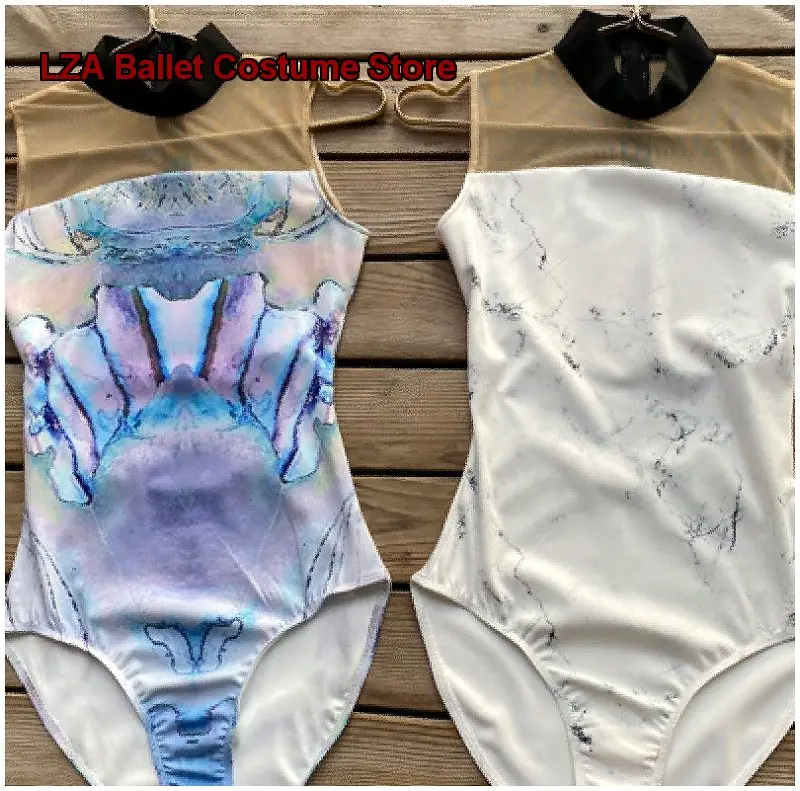 Women's Adult High Collar Backless Printed One-Piece Dress High Cut Basic Training Body Suit Dance Gymnastics Yoga One-Piece Dre