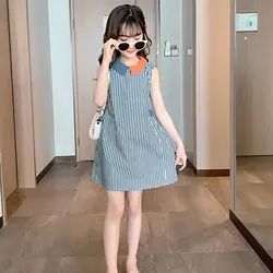 Beautiful Girls' Dress Summer 2023 New Casual Korean Stripe College Style Cool Children's Dress Girls' Skirt Kids Clothes 12+y