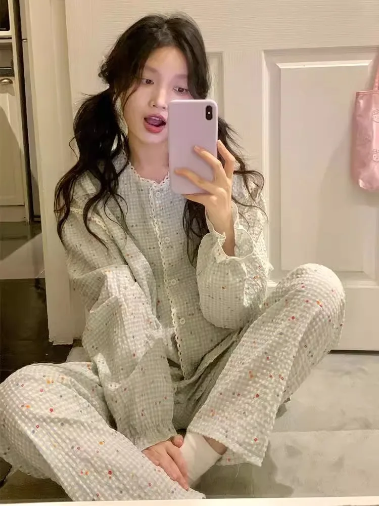 여성용 봄 가을 홈웨어 편안하고 통기성 좋은 잠옷 세트, 달콤한 레이스 플로럴 프린트 긴팔 면 소재