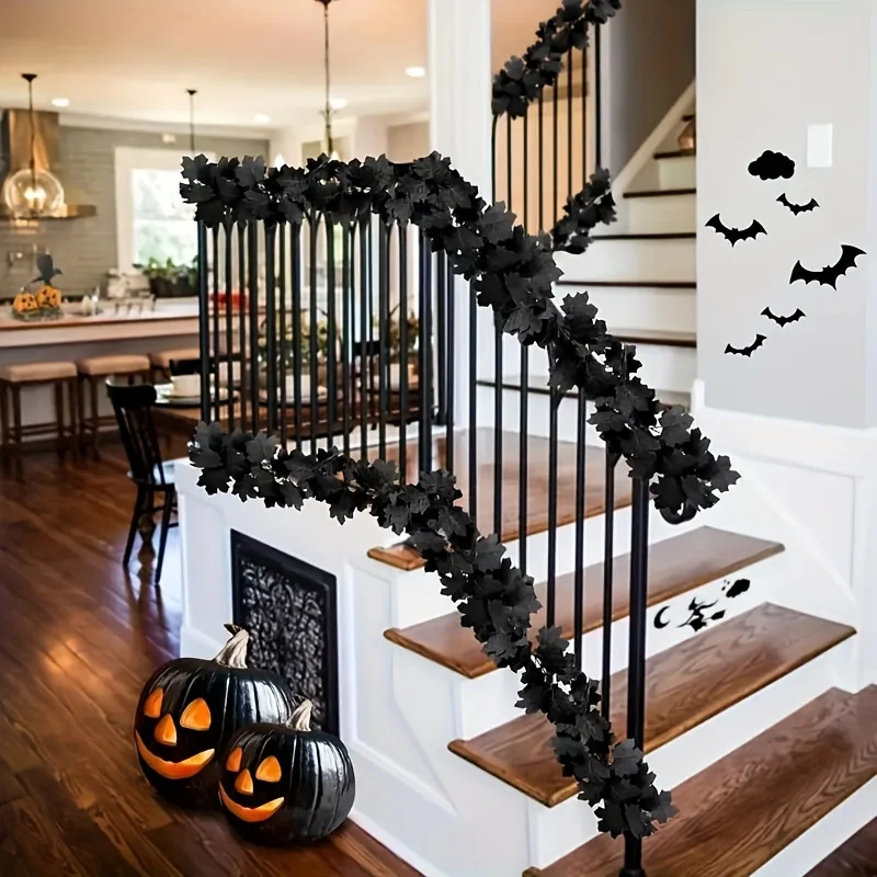 Black Maple Leaf Garland - Realistic Dark Gothic Vampire bats,Hanging Vine Garland for Halloween,Thanksgiving Decorations - view 5