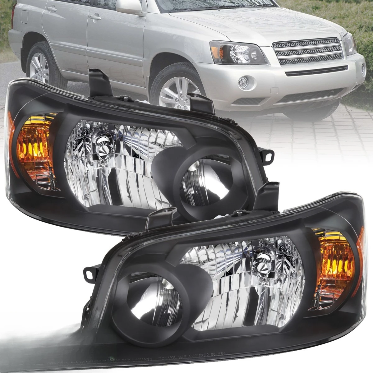 

Black Headlights Fits 2004-2007 Toyota Highlander Head Lamps Left+Right 04-07