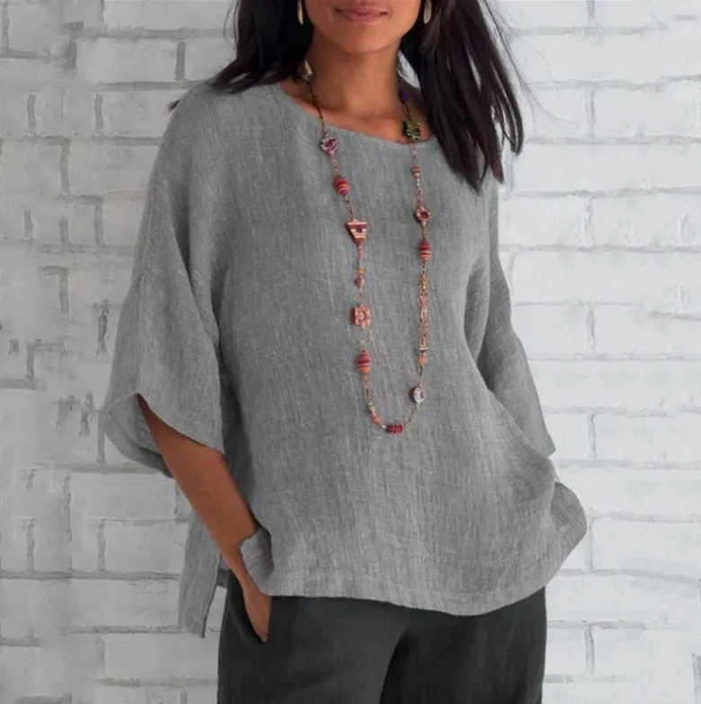 Plus Größe Baumwolle Bluse Shirts Sommer Oansatz Drei Viertel Lose Beiläufige Bluse Tops Sommer Kleidung Für Frauen Streetwear – Detail 6