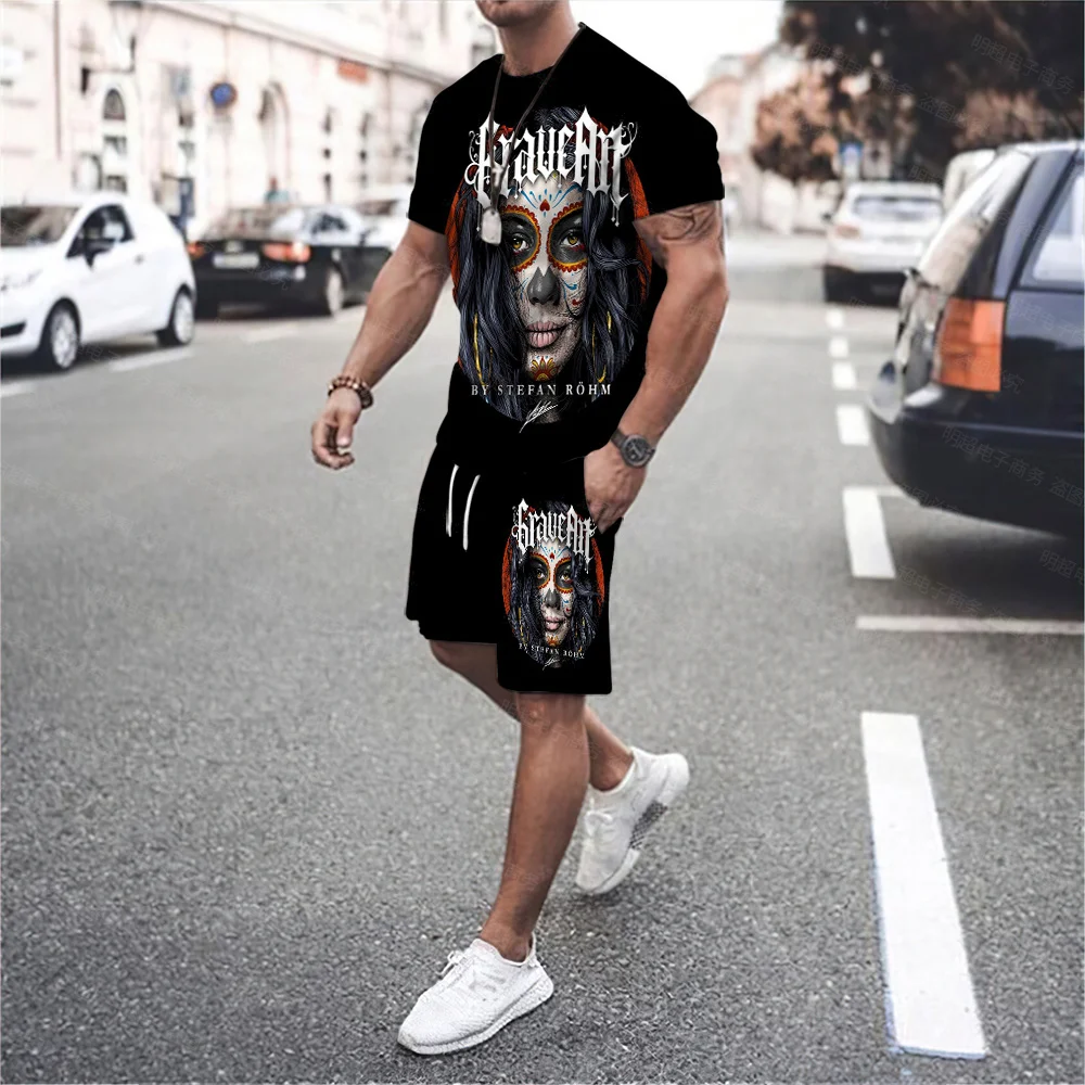 Conjunto de camiseta con estampado de Ángel en 3D, camiseta gótica con cuello redondo, Manga corta negra, pantalón corto con estampado de alas de