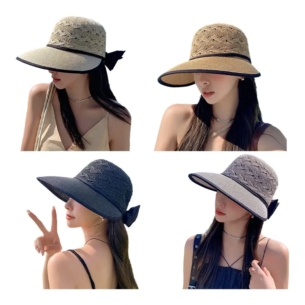 Women Ponytail Straw Sun Hat Summer Wide Brim Bowknot Visor Cap Outdoor Sun Protection Beach Foldable Hats Ladies Panama Caps