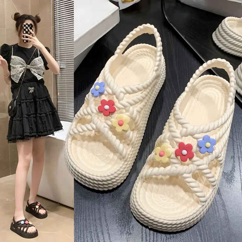 

Лето 2024, обувь на среднем каблуке, сандалии на платформе для женщин, пляжная женская обувь, непромокаемая обувь на танкетке с круглым носком, в римском стиле