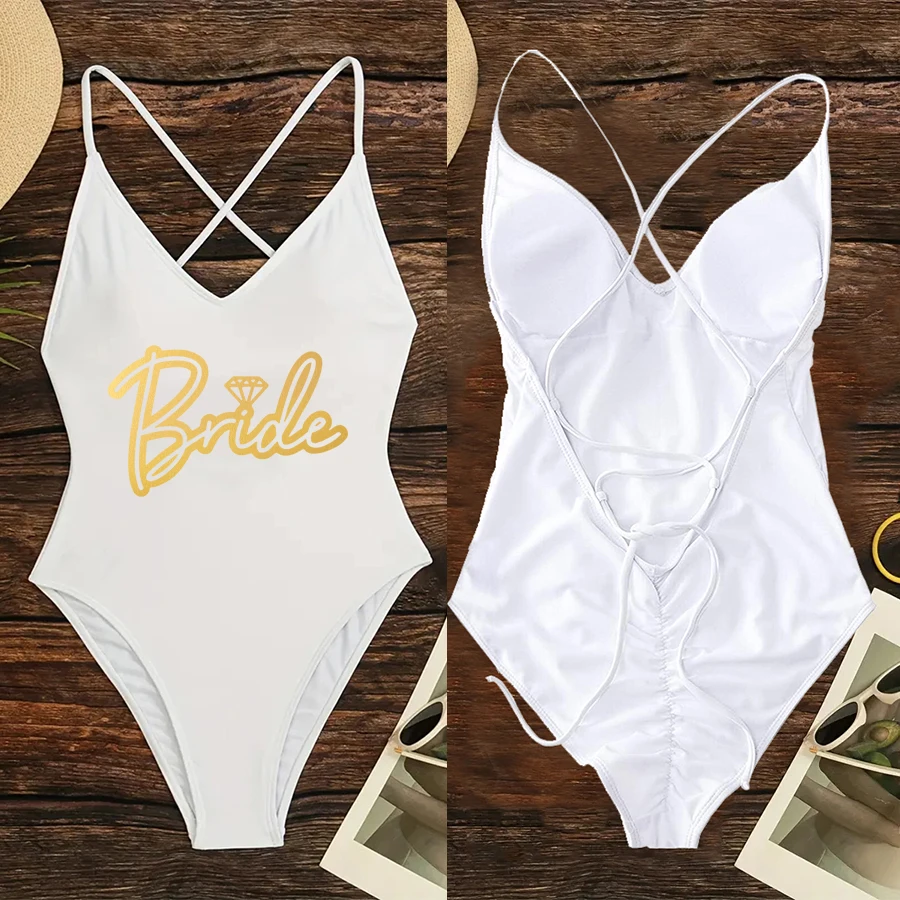 Padded One Piece Swimsuit Sexy BRIDE Team Letter Print Swimwear Women Bikini Bathing Suit Summer Bodysuit Backless monokini