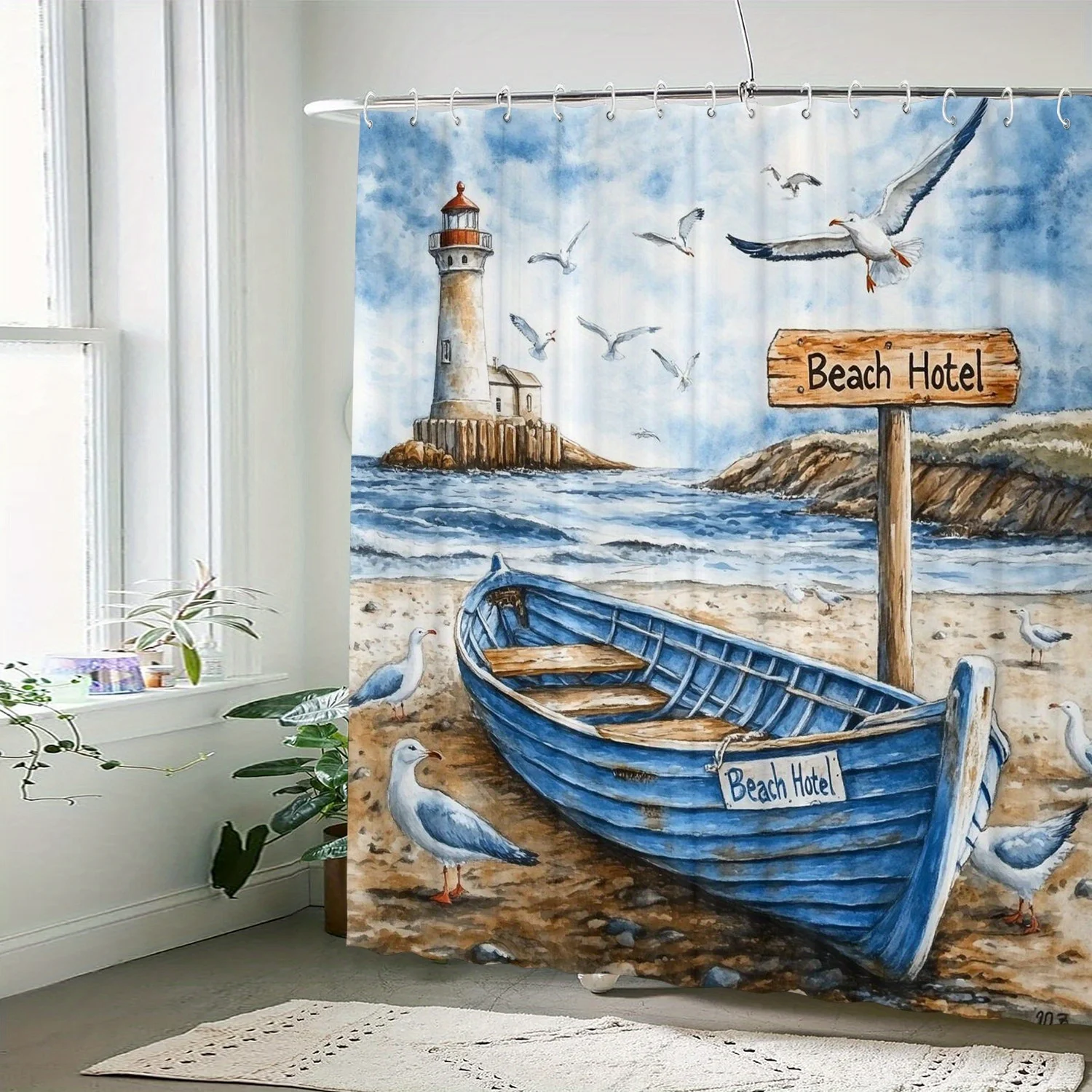 Stranded Boat Pattern Shower Curtain 12 Hooks Suitable for Room Home Hotel Machine Washable Window Curtains Bathroom One Piece