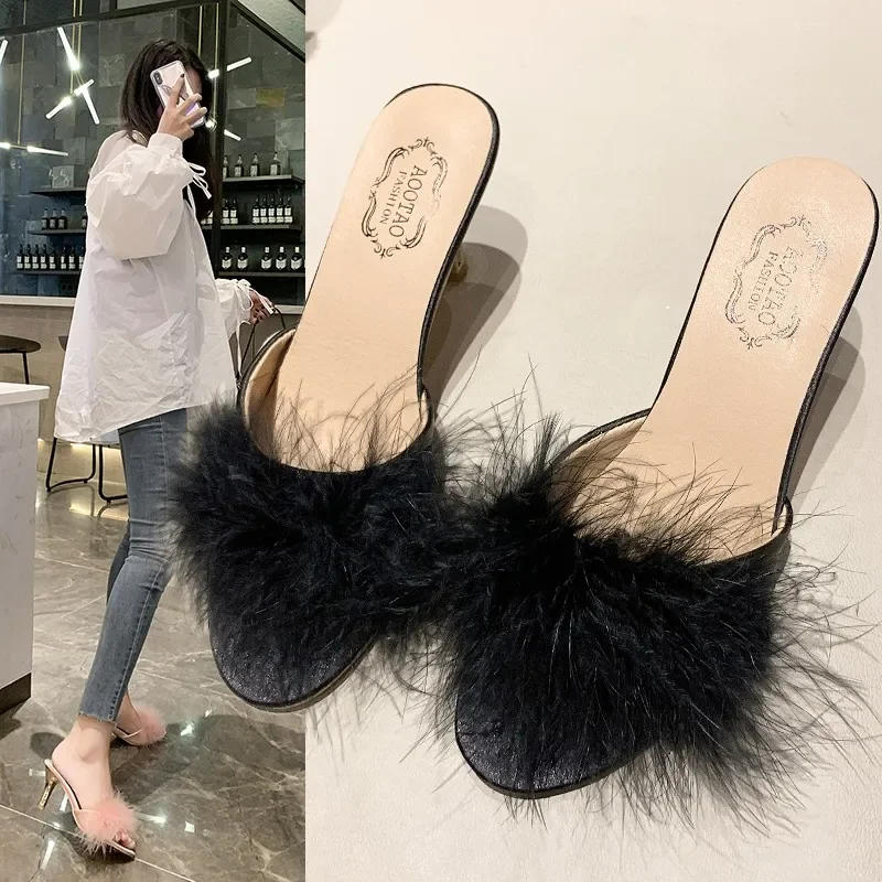 2024 Summer New Women\'s Slippers Stiletto Sandals Party Women\'s Flip-flops High Heels Furry Mule Shoes