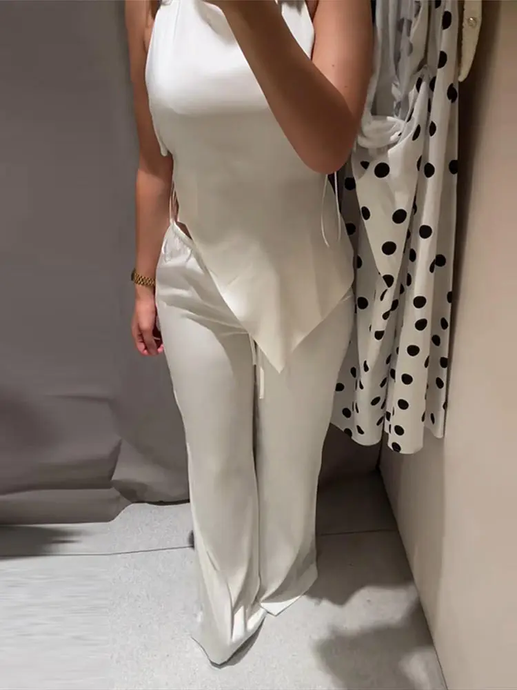 Satin Rückenfreies Asymmetrisches Top und Hose 2-teiliges Set Damen Sexy Neckholder Ärmelloses Oberteil Weite Hose Charmante Damenoutfits Neu – Detail 31