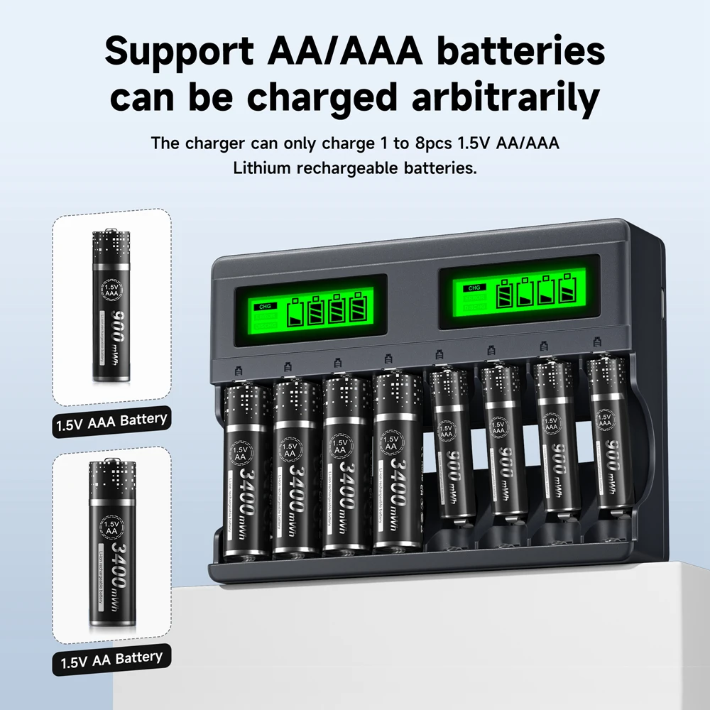 PALO 1,5 V AA Akumulatory litowo-jonowe AA Ogniwo AA z 8-gniazdową ładowarką do akumulatorów litowo-jonowych 1,5 V AA AAA