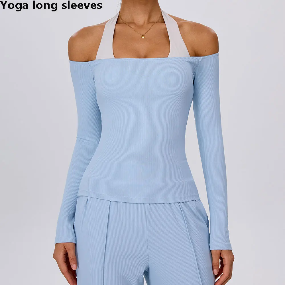 Sexy Women's Crop Tops Yoga T-shirts Sports Top Long Sleeve Running Shirts Exposed Off Shoulder Quick Dry Fitness Gym Sport Wear