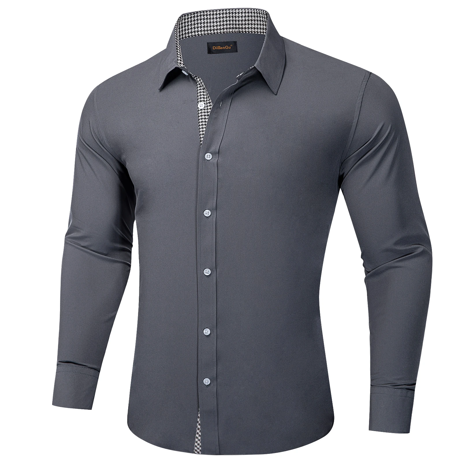 Men\'s Long Sleeve Dress Shirt Grey Solid Casual Button Down Collar Fashion Polyester Shirts for Men Clothing