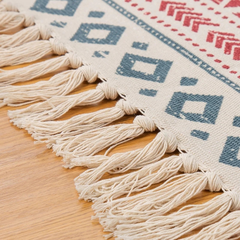 Hand Woven Cotton Linen Entrance Doormat Tassel Geometric Floor Mat Living Room Bedroom Bedside Rugs Home Decor Bohemian Carpets