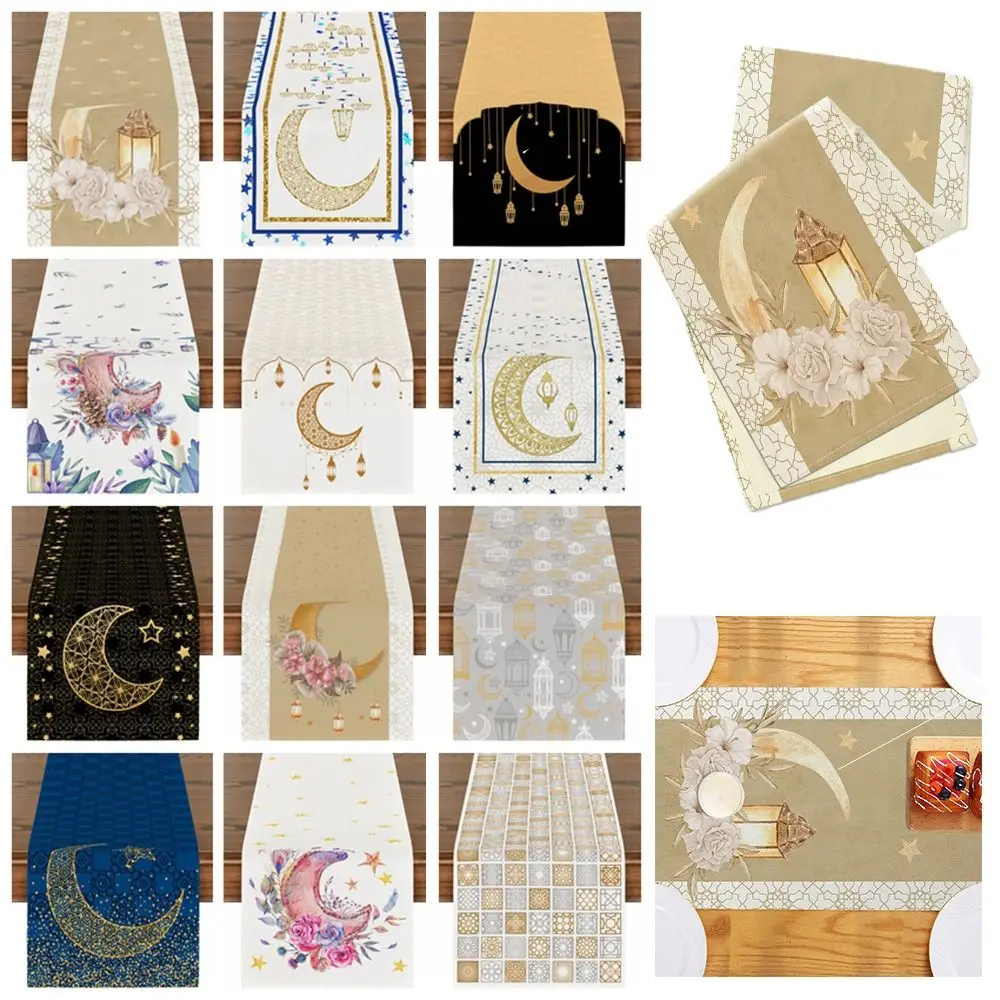 

Винтажная скатерть-дорожка для Рамадана с 2D-принтом, моющаяся, для декора на Рамадан, с цветочным узором, полумесяцем и акварельными цветами