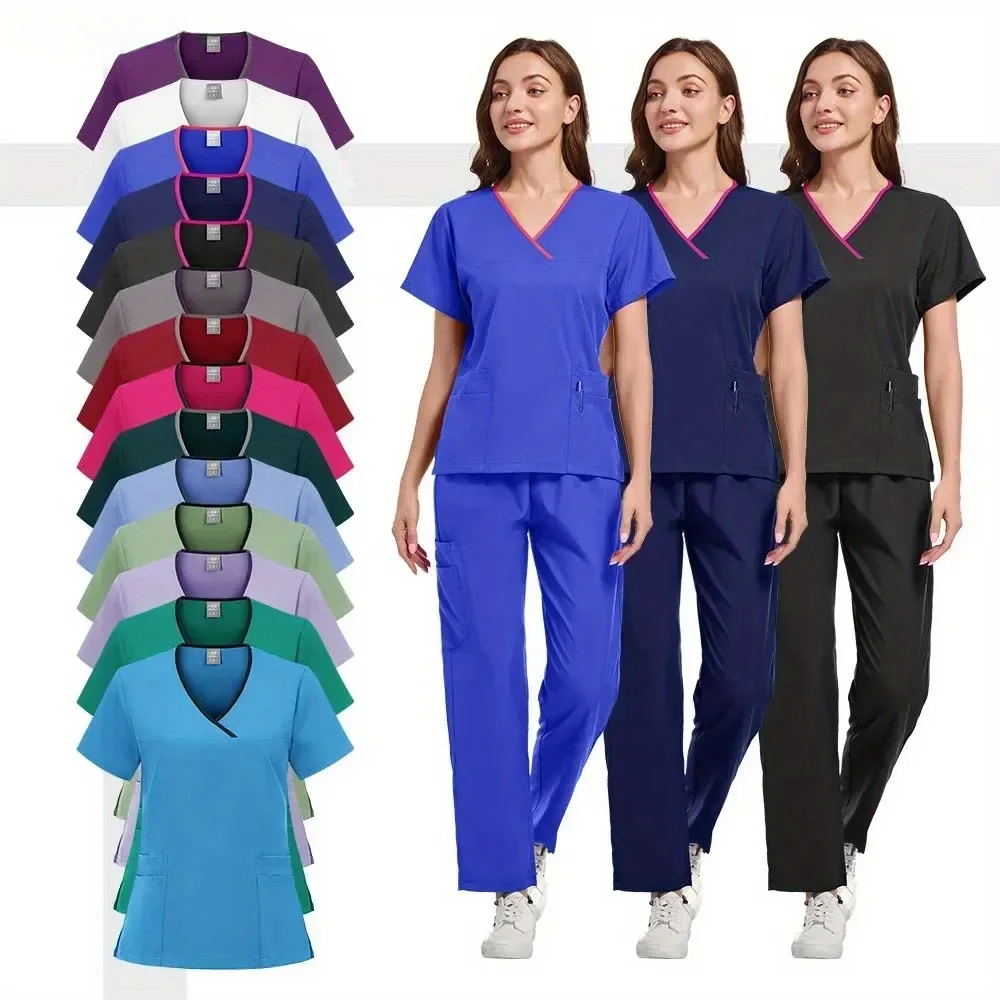 الطبيب والممرضة الإناث بالجملة عارضة قصيرة الأكمام الخامس الرقبة السراويل الرياضية مستشفى الحيوانات الأليفة الصيدلة العمل موحدة مجموعة