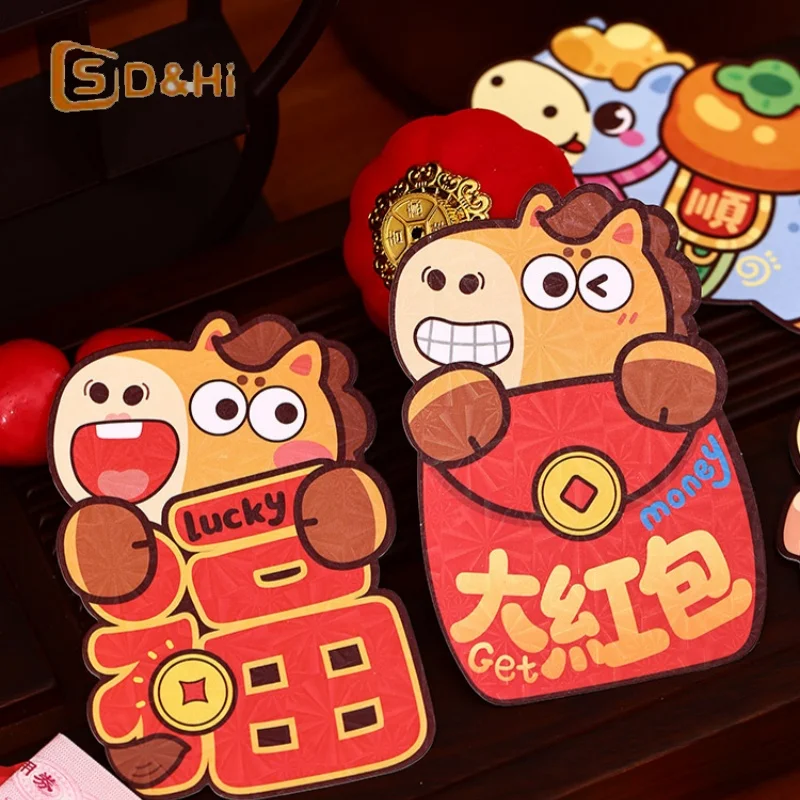 6PCS/pack Paper 2026 Horse Year Red Envelope New Year Wedding Kids Gift Cartoon Pony Pattern Lucky Money Envelopes Red Packets
