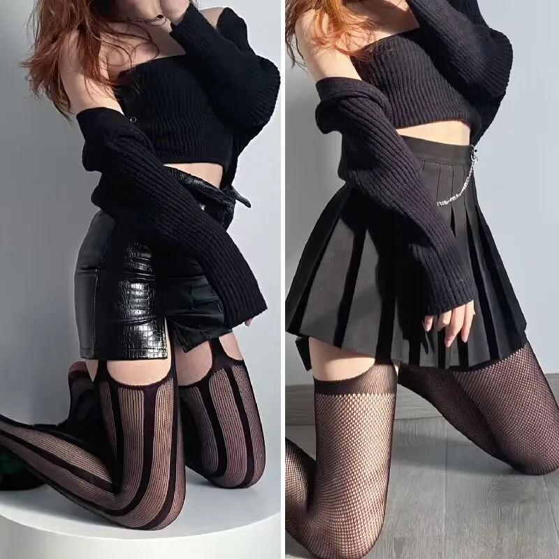 Meias Pretas de Virilha Aberta para Mulheres, Coxa Sexy, Cintura Alta, Meias Longas, Lolita Cosplay, Meia-calça Fish Net, Meias de Nylon Mesh