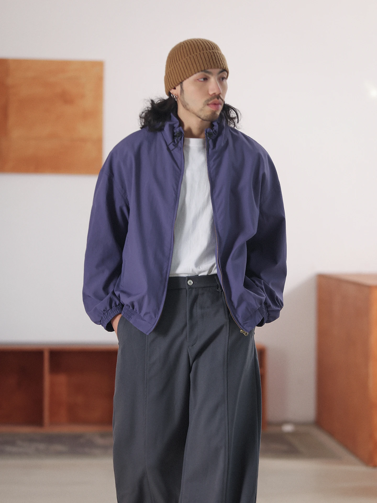 

Мужская повседневная куртка NOEARS: Весенняя винтажная сине-фиолетовая куртка с длинными рукавами, воротником-стойкой, фактурной тканью, свободного кроя, ветрозащитная, укороченная