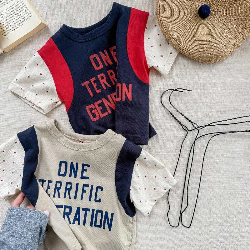 

2025 Summer New Children's Letter Printed Wave Pattern Sleeve Color Blocked Short Sleeve T-shirt