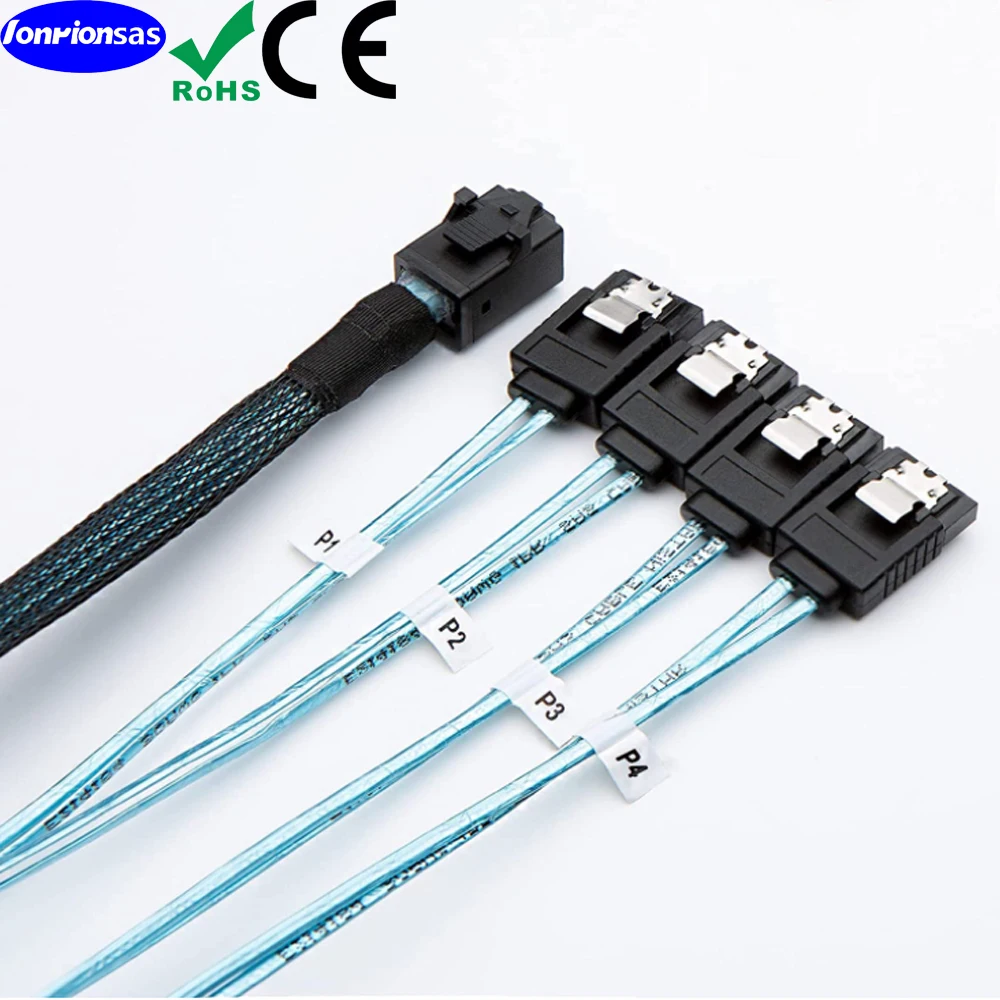 LONRIONSAS # Internal Mini kabel SAS HD SFF 8643 ke 4xSATA 7Pin kabel-kabel SAS Mini dengan Sideband, kompatibel dengan 12Gbps