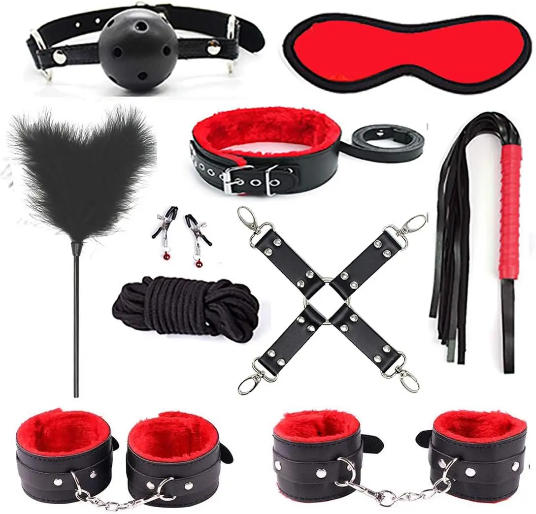 

Adult Bondaged Kit Couple Sex Set Straps Blindfold BDSM Game Women Wrist Handcuff Restraints Bondage kit (red/black10pcs)