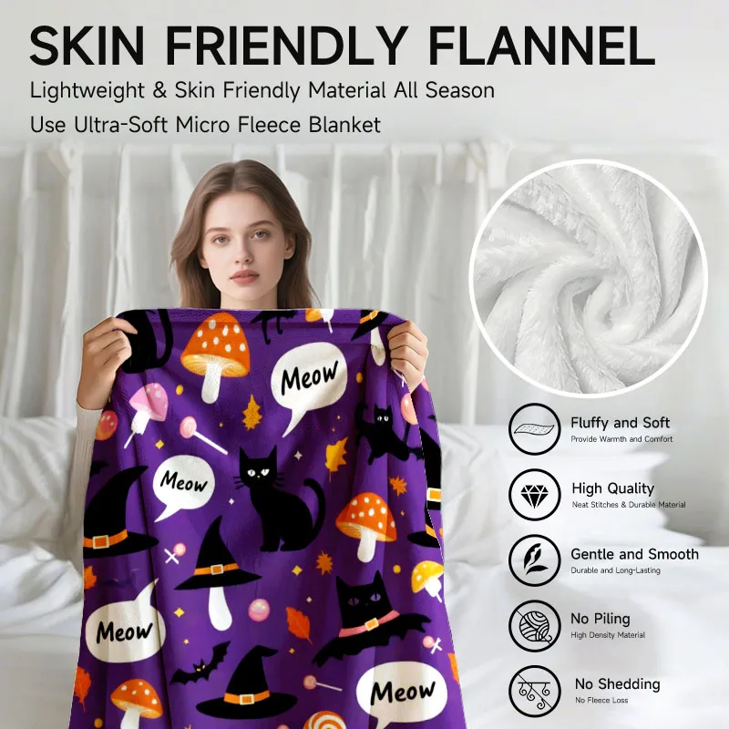 قطعة واحدة من بطانية الفانيلا الأرجوانية على شكل قطة الهالوين، ناعمة، مناسبة للأريكة والسرير والمكتب والاستخدام لجميع المواسم.