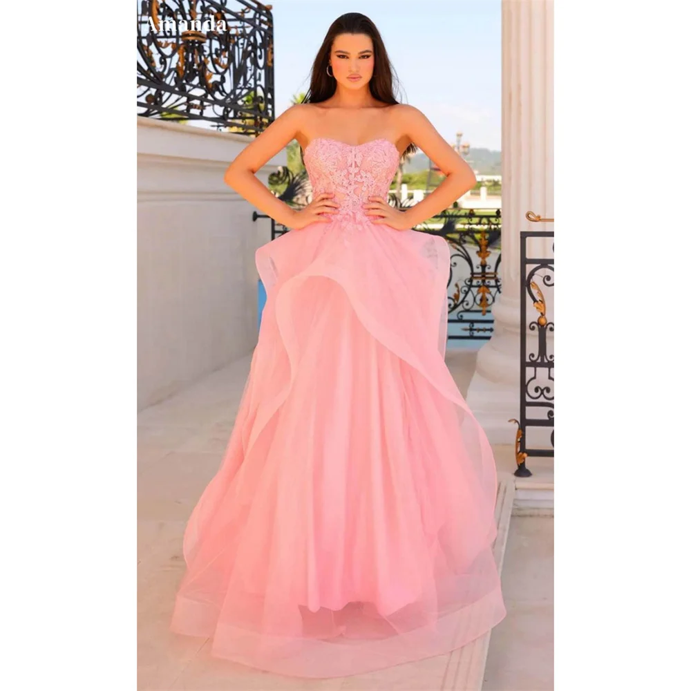 Amanda Pink Lace Appliques vestidos de noche Strapless Edge Curl Prom Dresses Elegant Sleeveless Floor-Length Formal Evening