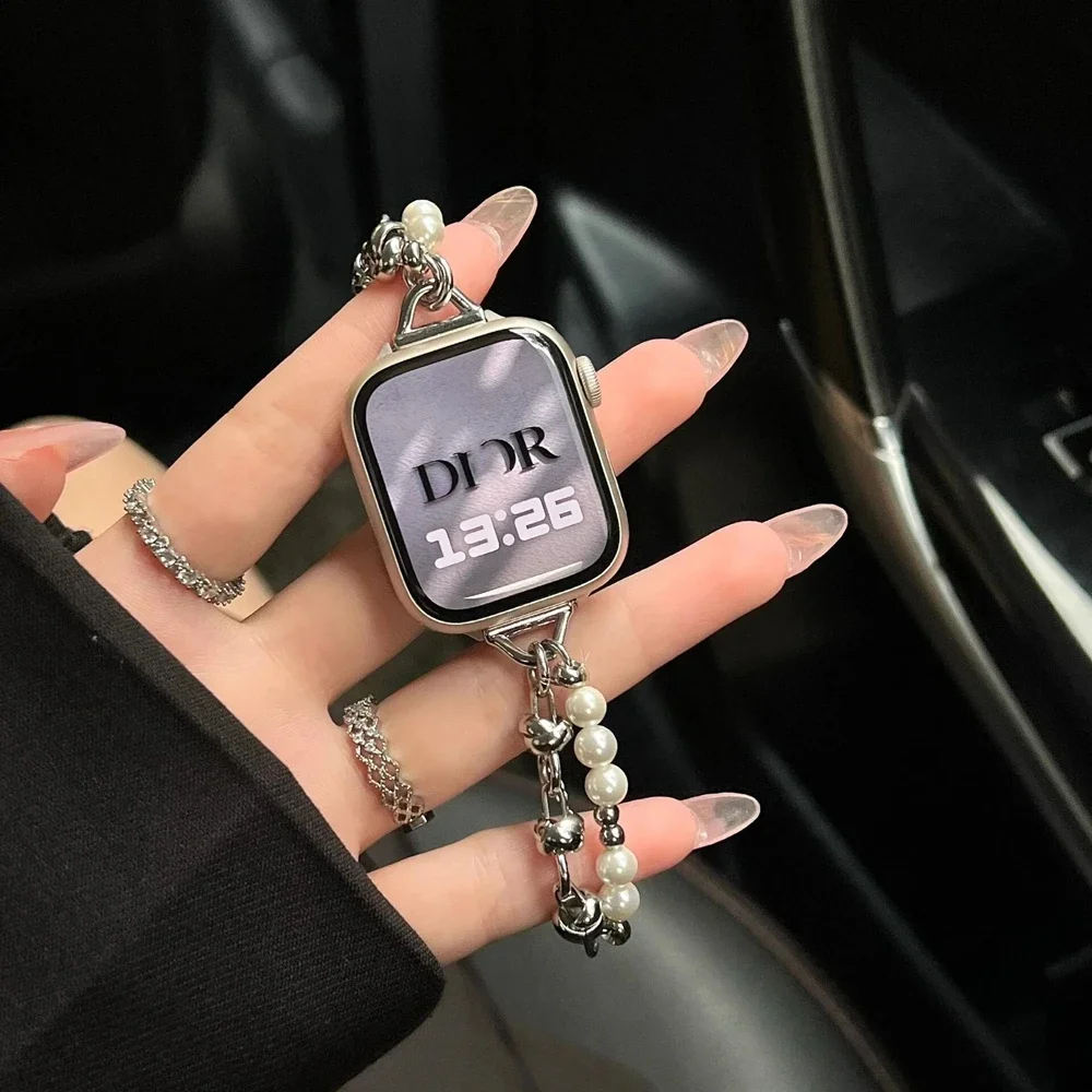 Correa de bucle de Metal con cuentas para Apple Watch Band para mujer 38mm 40mm 41mm 42mm 44mm 45mm 46mm 49mm
