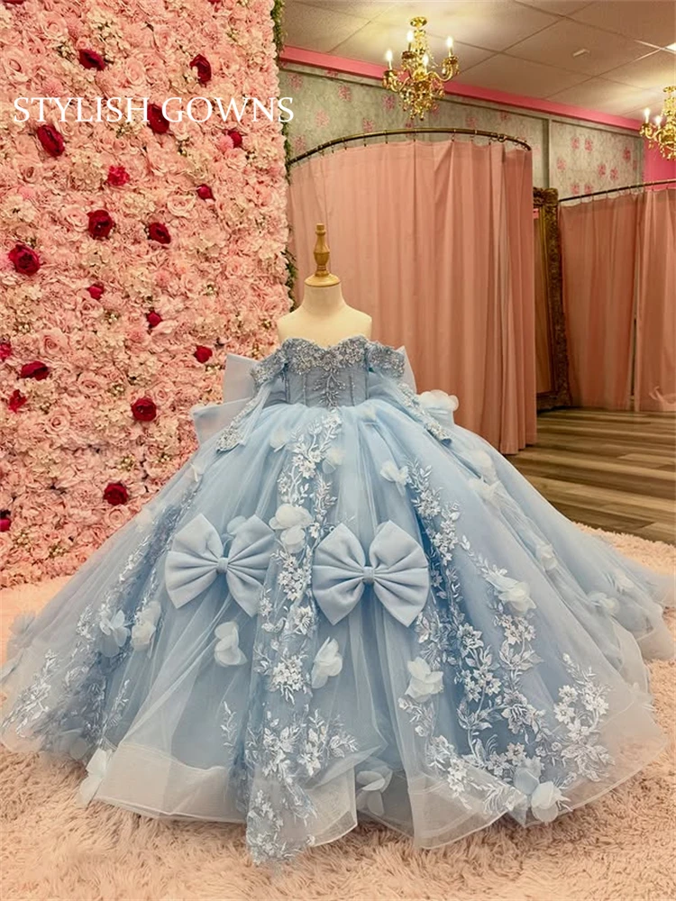Glittering Blue Quinceanera Dresses With Bow Vestidos De 15 Anos 3D Flower Beading Lace Birthday Party Gown