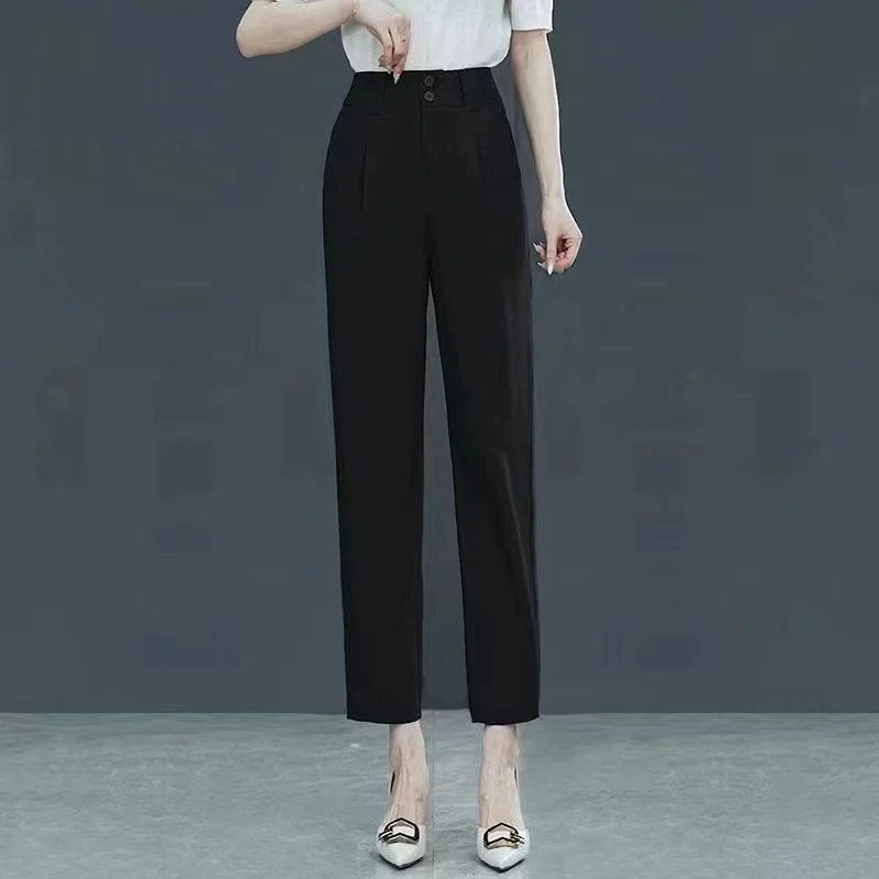 

Summer Women Office Pants Solid Streetwear Clothes Cropped Pants Causal Harem Trousers Buinese Pockets High Waist Suit Pants