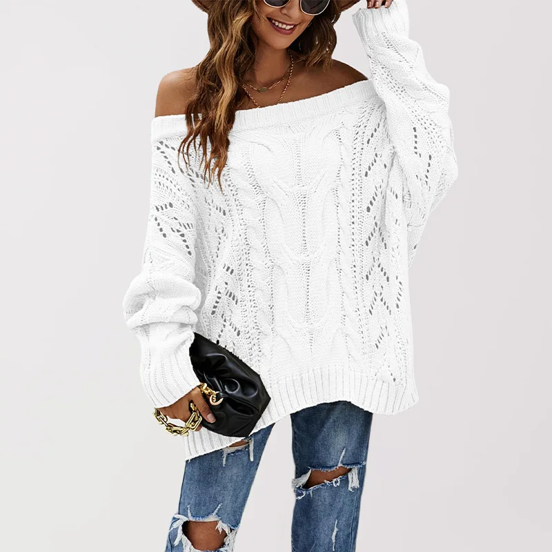 

2025 Autumn Winter European and American Off- Plus Size Loose Knitted One-Shoulder Solid Color Pullover Sweater