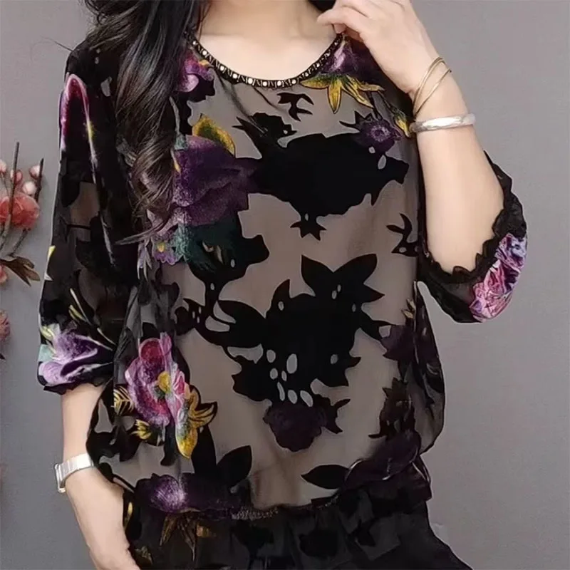 Vintage Printed O-Neck Shirring Beading Floral Blouse Women's Clothing 2023 Autumn Winter New Casual Pullovers Commuter Shirt