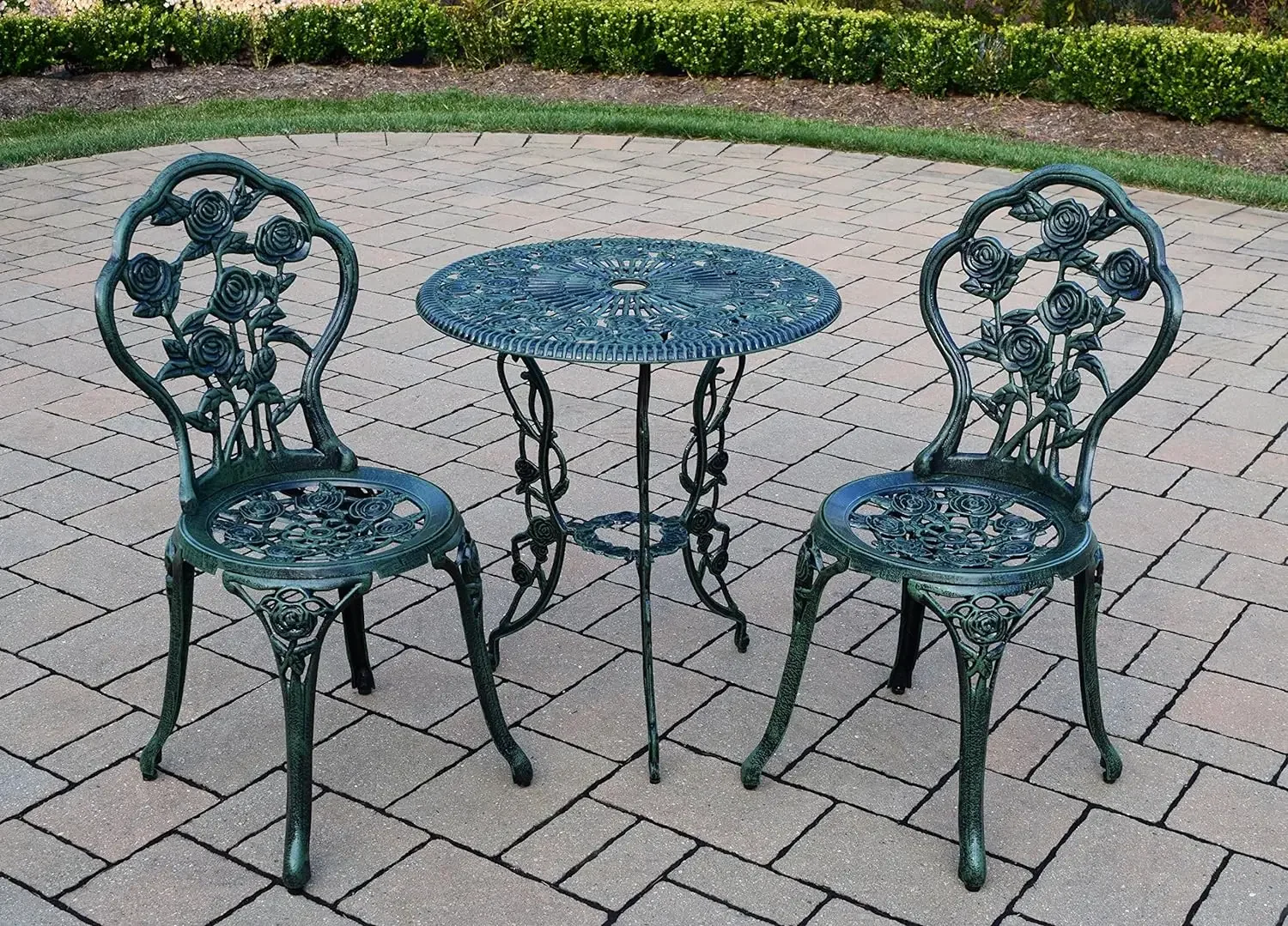 Cast Aluminum Conversation Metal Antique 3 Piece Patio Rose Bistro Set, Verdi Green,outdoor furniture set