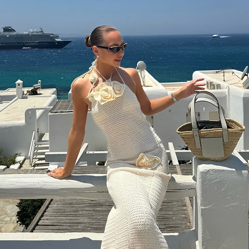 Sexy Cut Out Bell Sleeve Solid Knit Crochet Beach Maxi Dress 2025 Women Summer Chic Swimsuit Cover Up Elegant Party Outfit