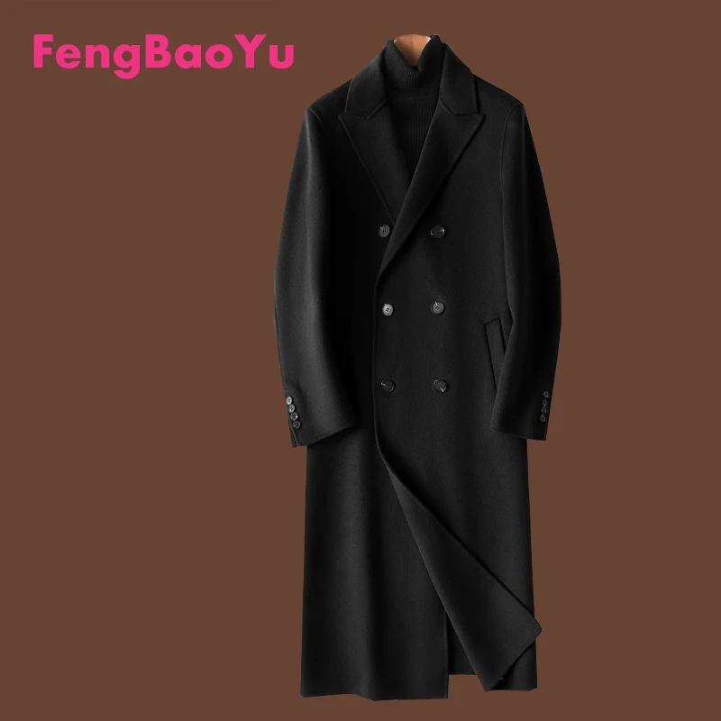 

Double-sided Wool Men's Coat Black Double-Button Long Woolen Coat for Outdoor Use, Providing Warmth Protection, Elegant Style