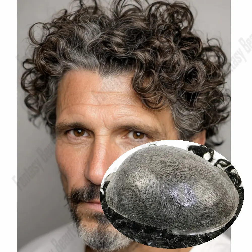 

220 # Серый Коричневый Блондин 26 мм Свободные Вьющиеся 0,06 мм Ультратонкая Кожа Основа Парик Человеческих Волос Необнаружимые Натуральные Волосы Vloop Мужской Парик