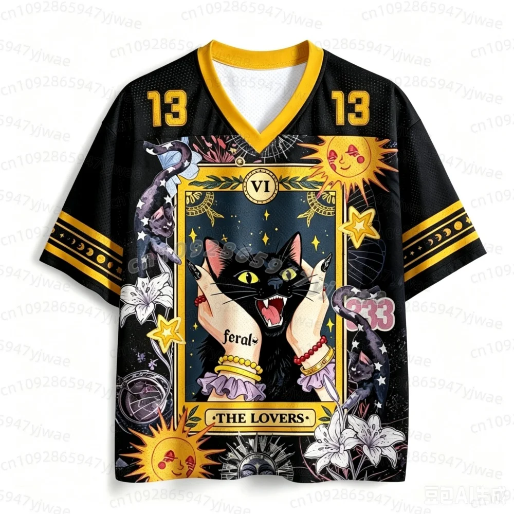 2026 JAPANESE Couple Tarot Black Cat No. 13 Jersey with Mysterious Sun and Moon Print Purple Mesh V-neck men women T-shirt