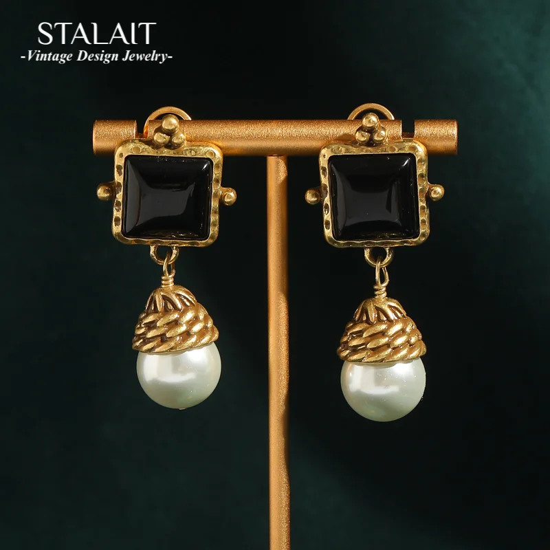 

Black Stone Pearl Earrings Woman Square Big Antique Gold Color Vintage Drop Weave Accessories Luxury Designer Indian Jewelry