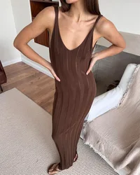 DSMTRC Women Maxi Dress Pink Knit Sexy Backless See Through Sleeveless High Waist Dress Summer Vacation Elegant Beachwear 2024