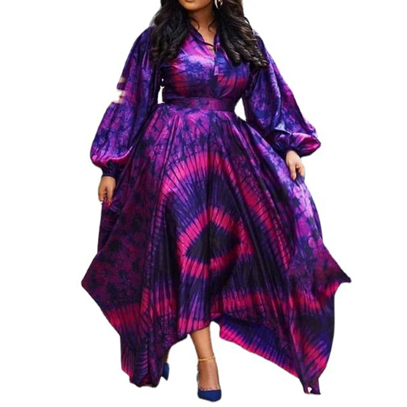 Purple Elegant Dresses For Women High Waist Loose Print 2022  Spring Plus Size Long Dress Evening Vintage Puff Sleeve Wholesale