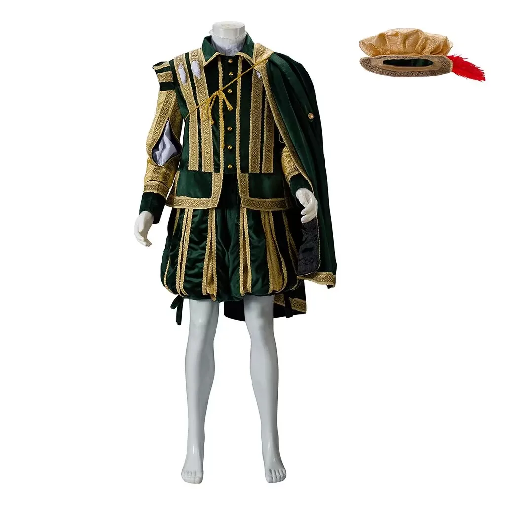 Luxurious Tudor King Prince Suit Yellow/Green Outfits Renaissance Historical Replica King Henry VIII Costume Regency Festive Set