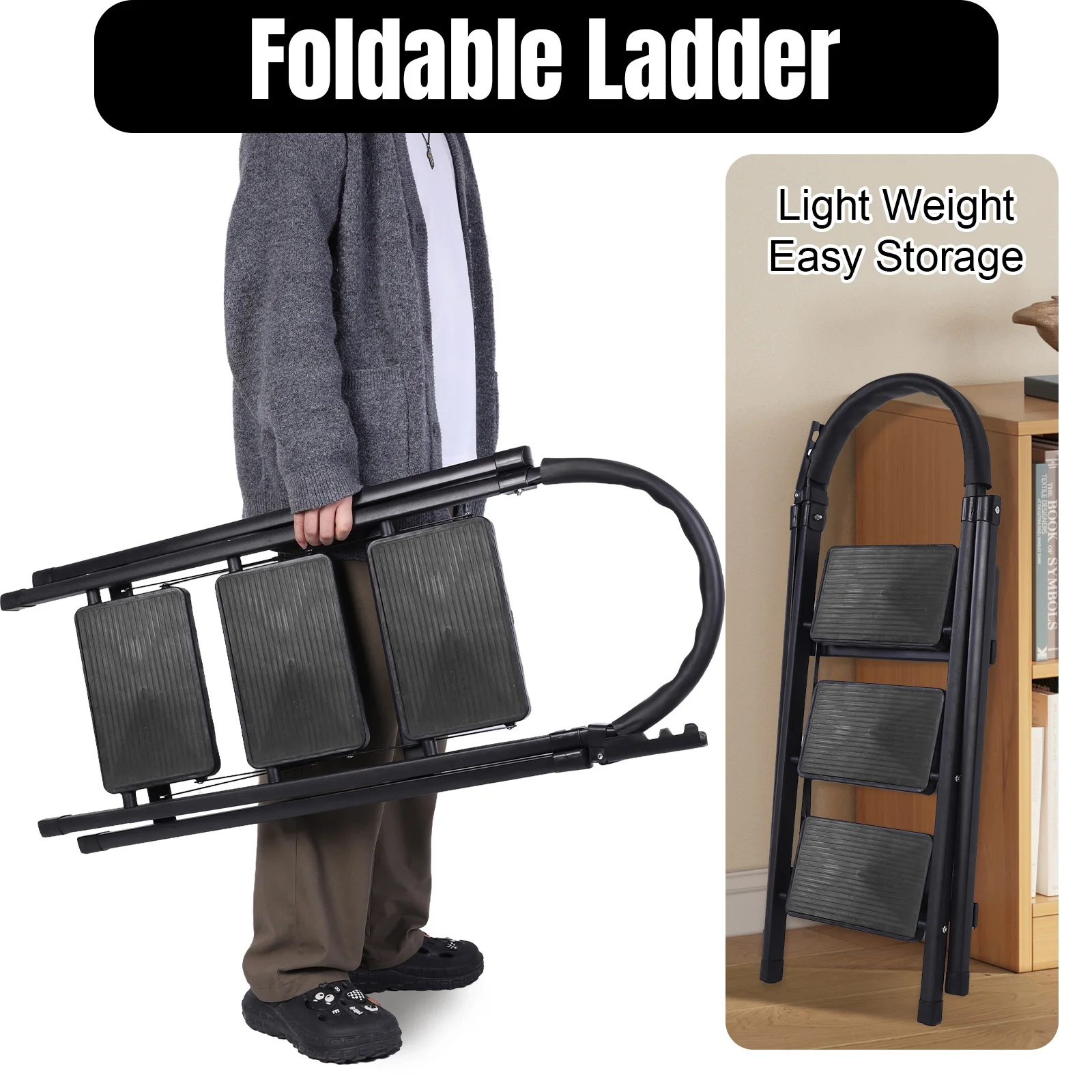3 Step Folding Ladder Sturdy Steel Ladder 330LBS Capacity Wide Platform Steps Lightweight for Household Kitchen Office