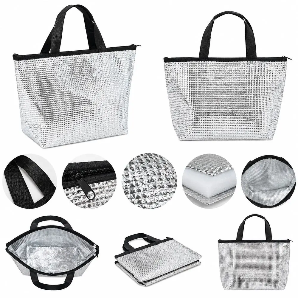 New Aluminum Foil Lining Lunch Bag Pearl Cotton Padding Handheld Thermal Tote Zipper Closure Silver Insulated Cooler Bag Picnic