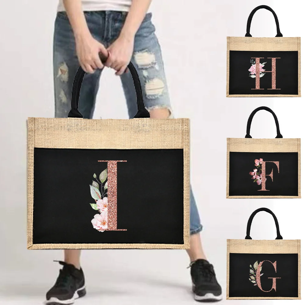 Shoulder Women Travel Storage Jute Linen Pouch Picnic Bag Shopping Pouch Handbag Laminated Pouch Rose Gold Letters and Flowers