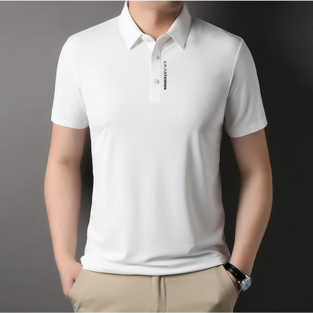 Stereoscopic Wrinkle Resistant Ice Silk Short Sleeve T-shirt 2024 Summer Lapel Loose Casual Solid Color Tops High-end Polo Men\'s