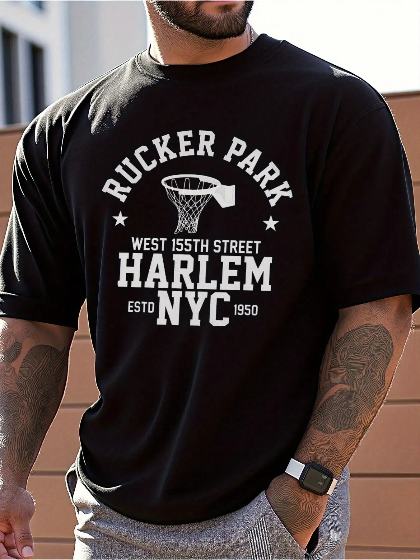 

Mens Clothes, T Shirts for Men, Casual Style Design with Print, 100% Pure Cotton Fabric, Rucker Park Harlem NYC
