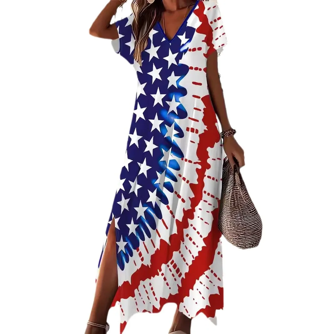 Chic เสื้อยืดสไตล์พิมพ์ Maxi ชุดผู้หญิงรอบคอแขนสั้นฤดูร้อนสบายๆ Vestidos