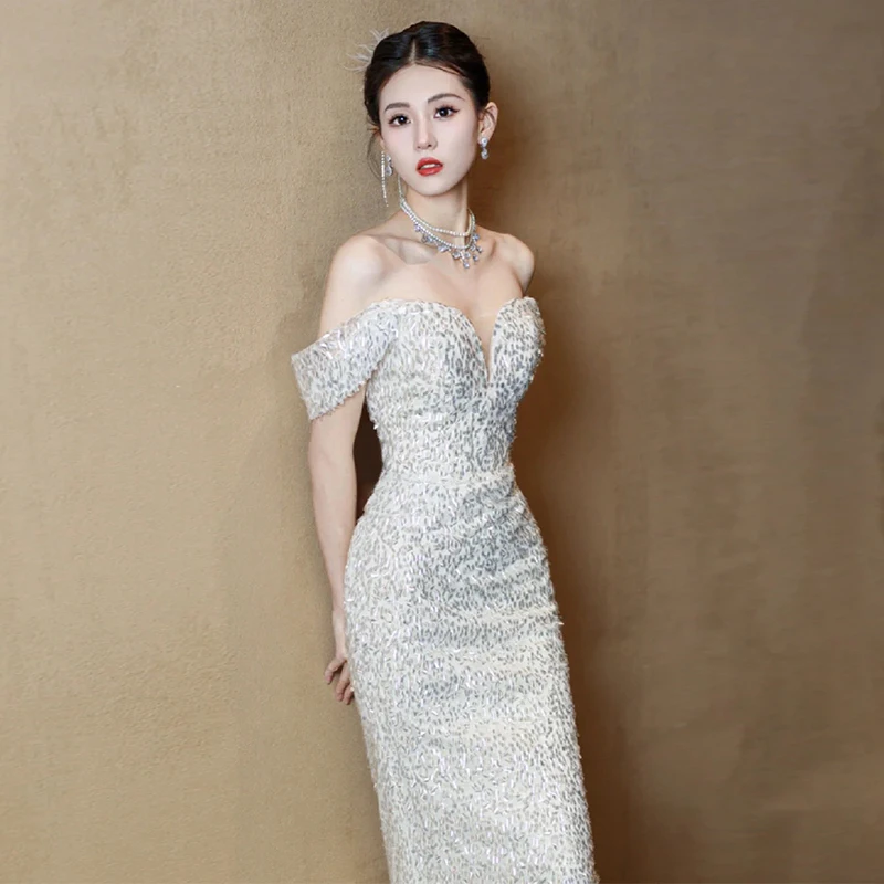 

Ele Длинное вечернее платье на одно плечо с блестками и блестками, свадебный костюм для ведущего, корейский свадебный костюм...