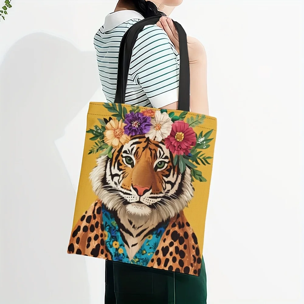 

1pc Stylish Tiger & Leopard Print Tote Bag with Vibrant Floral Wreath Design Perfect for Shopping Commuting Gifting on Holidays